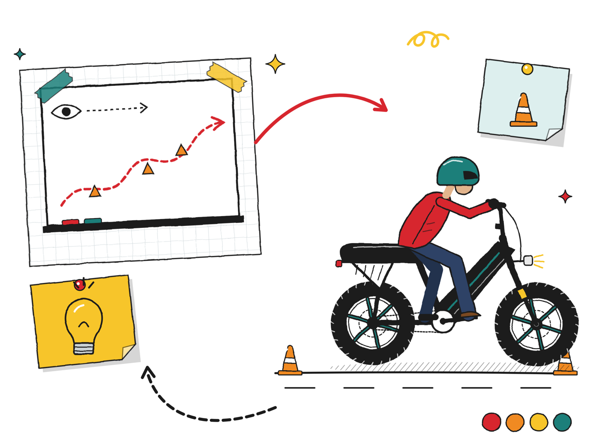Illustration of a classroom lesson on one side and a rider practising on an ebike at the range on the other