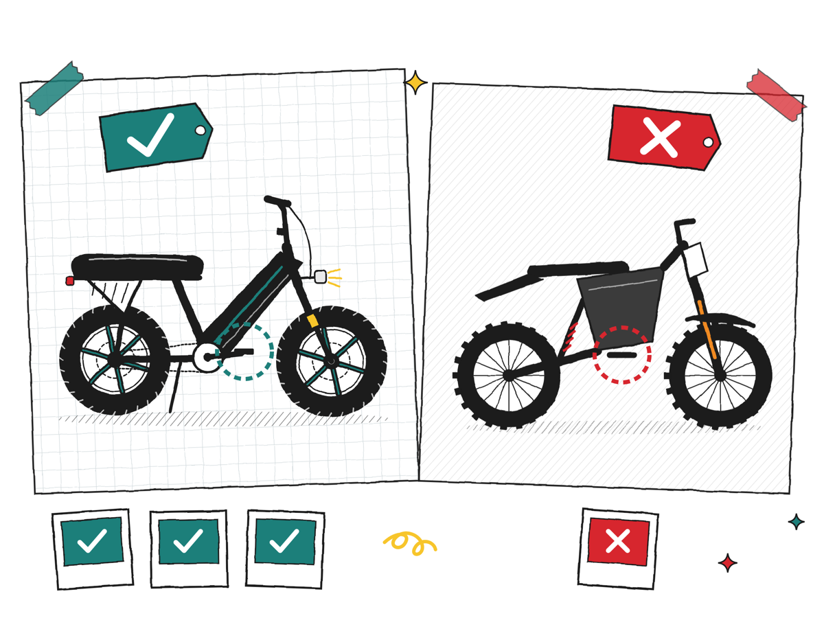 Illustration of an ebike with pedals next to a heavier e-moto